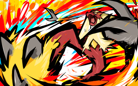 HD desktop wallpaper of Blaziken, a Pokémon, depicted in an action pose with vibrant, dynamic colors and bold background patterns inspired by the video game series Pokémon.