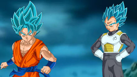 HD desktop wallpaper featuring characters from Dragon Ball Super, showcasing Goku in his blue form and Vegeta in a striking pose against a dramatic backdrop.