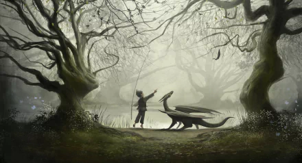A fantasy forest scene featuring a person fishing beside a dragon by a misty river, designed as an HD PC desktop wallpaper background.