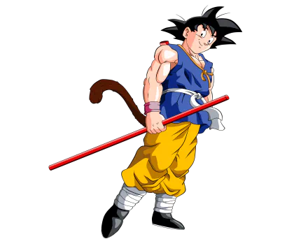 HD desktop wallpaper of Goku from Dragon Ball GT, showcasing him in his iconic attire with a red staff and a tail, set against a black background.