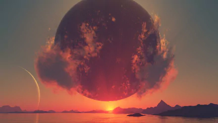 A stunning HD wallpaper from No Man's Sky, showcasing a vibrant sunset with a large planet looming in a colorful sky over tranquil waters and distant mountains.