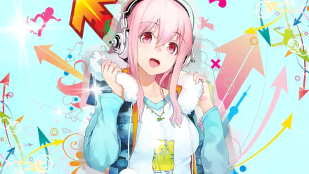 A vibrant HD desktop wallpaper featuring Super Sonico, an animated character with pink hair and headphones, surrounded by colorful arrows and playful graphics.