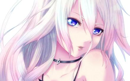 HD desktop wallpaper featuring IA from Vocaloid, with long pink hair and blue eyes. The anime character appears with a soft expression and a subtle background.