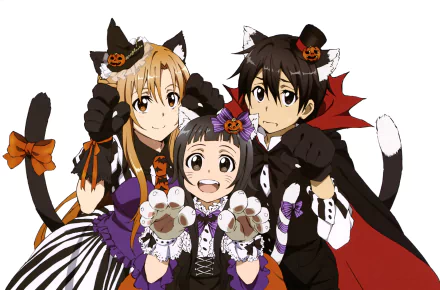 A colorful HD desktop wallpaper featuring Yui, Kirito, and Asuna Yuuki from Sword Art Online, playfully dressed in cat-themed costumes with Halloween accessories.