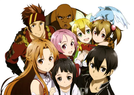 A vibrant HD wallpaper featuring characters from Sword Art Online, including Kirito, Asuna, Yui, Lisbeth, Klein, Agil, and Pina, showcasing their camaraderie in a colorful anime style.