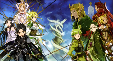 A vibrant HD desktop wallpaper featuring characters from Sword Art Online, including Kayaba Akihiko, Alicia Rue, Asuna Yuuki, and more, set against a dynamic sky backdrop.