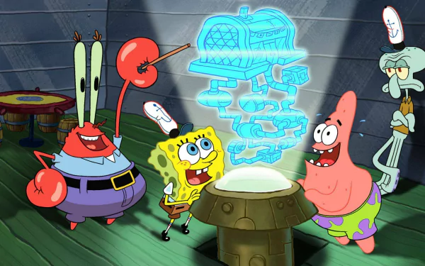 A vibrant HD desktop wallpaper featuring characters from *SpongeBob SquarePants*, including SpongeBob, Patrick, Mr. Krabs, and Squidward interacting with a holographic treasure chest.