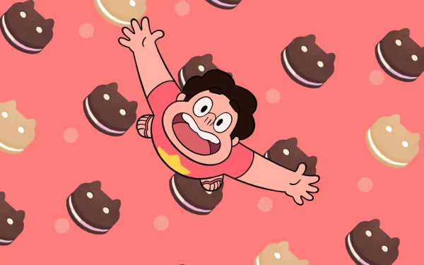 A vibrant HD wallpaper featuring Steven from the TV show Steven Universe, joyfully reaching out against a playful background of colorful, cartoonish treats.
