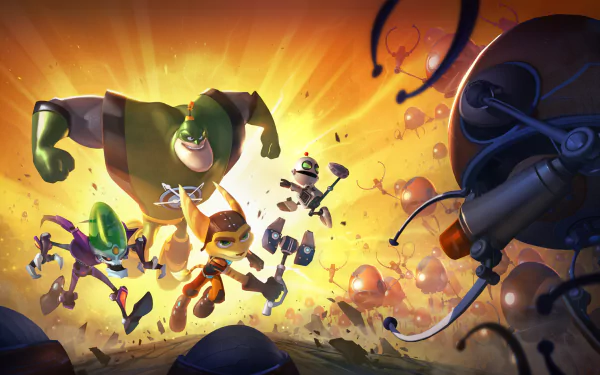 HD PC desktop wallpaper featuring vibrant characters in action from the video game Ratchet & Clank: All For One against a glowing, dynamic background.