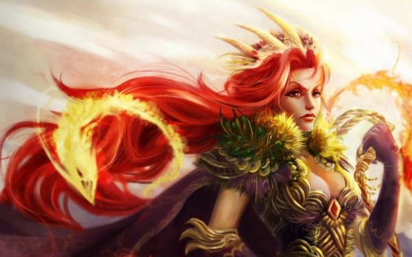 Fantasy Women Red Hair Long Hair Feather Headdress Red Eyes Whip Glove Magic HD Wallpaper | Background Image