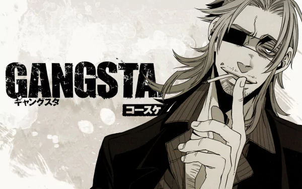 HD desktop wallpaper featuring a stylized illustration from GANGSTA. with a cool character in sunglasses and a suit.