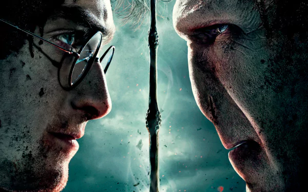 HD PC desktop wallpaper featuring a close-up face-off between Harry Potter and Voldemort from the movie Harry Potter and the Deathly Hallows: Part 2.