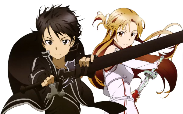 Asuna Yuuki and Kirito from Sword Art Online stand ready for battle, wielding their swords in this vibrant 4K Ultra HD PC desktop wallpaper.