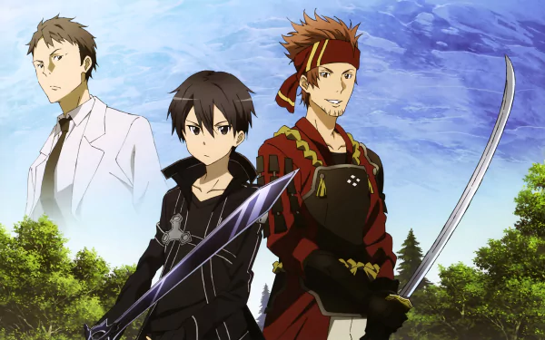 An anime scene featuring Kayaba Akihiko, Kirito, and Klein from Sword Art Online, showcasing dynamic characters with swords against a vibrant backdrop. A striking 4K Ultra HD wallpaper.