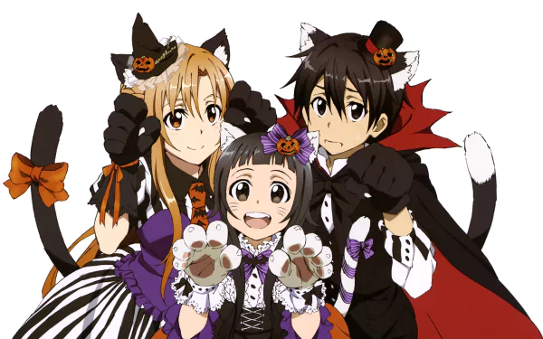 A colorful HD desktop wallpaper featuring Yui, Kirito, and Asuna Yuuki from Sword Art Online, playfully dressed in cat-themed costumes with Halloween accessories.