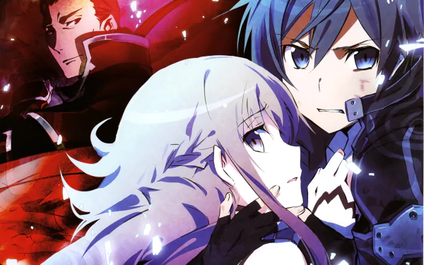 HD wallpaper featuring Heathcliff, Kirito, and Asuna Yuuki from Sword Art Online, showcasing dynamic characters and vibrant colors in an anime-inspired design.