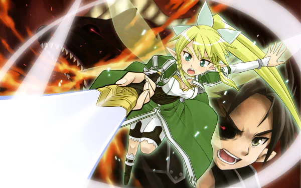 Leafa and Kirito from Sword Art Online in anime 2K Quad HD PC desktop wallpaper: Leafa unleashing a blade of light while Kirito snarls against a fiery, swirling background.