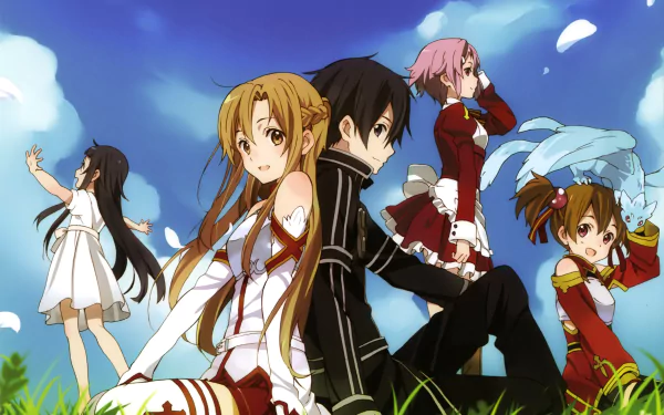 HD wallpaper featuring characters Keiko Ayano, Kazuto Kirigaya, Lisbeth, Silica, Kirito, Asuna Yuuki, and Yui from the anime Sword Art Online. The characters are depicted outdoors with a sky background.