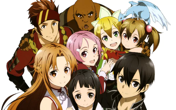 A vibrant HD wallpaper featuring characters from Sword Art Online, including Kirito, Asuna, Yui, Lisbeth, Klein, Agil, and Pina, showcasing their camaraderie in a colorful anime style.