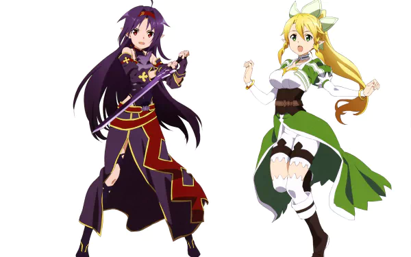 4K Ultra HD PC desktop wallpaper featuring anime characters Leafa and Yuuki Konno from Sword Art Online II, showcasing vibrant details and dynamic poses.