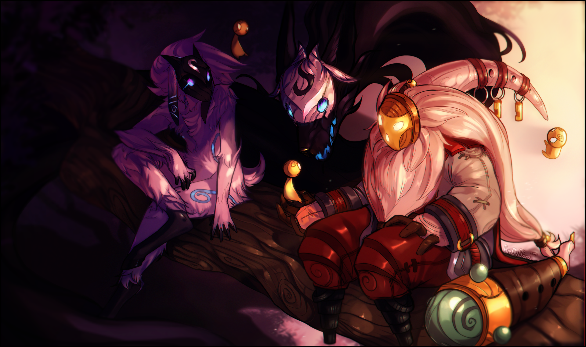 HD desktop wallpaper featuring Bard, Kindred (lamb and wolf) from League of Legends. The characters are sitting on a tree branch, bathed in a mix of shadow and golden light, creating a mystic atmosphere.