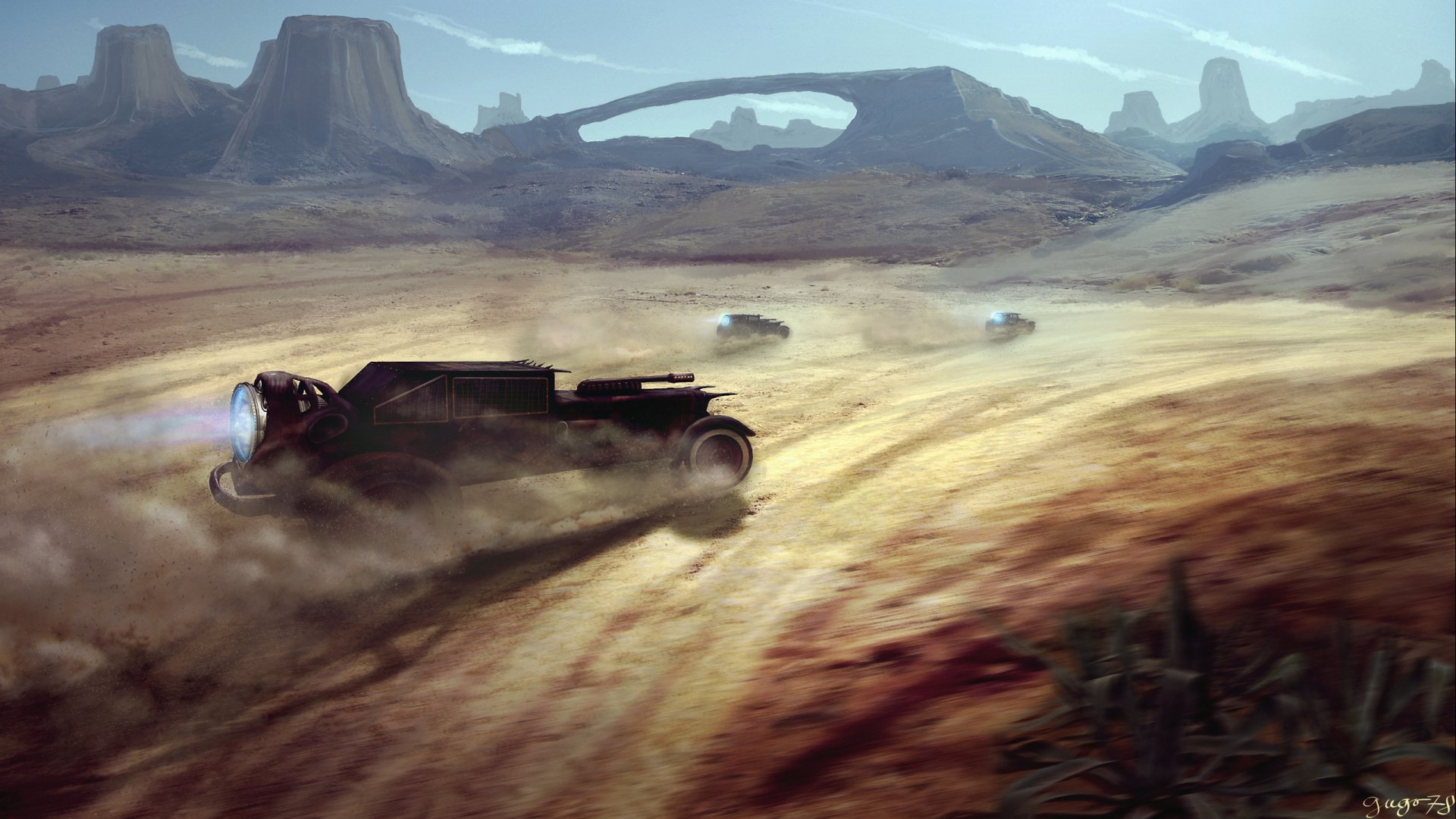 A Sci-Fi vehicle races through a vast desert landscape with rocky formations in the background, captured in HD for a dynamic PC desktop wallpaper.