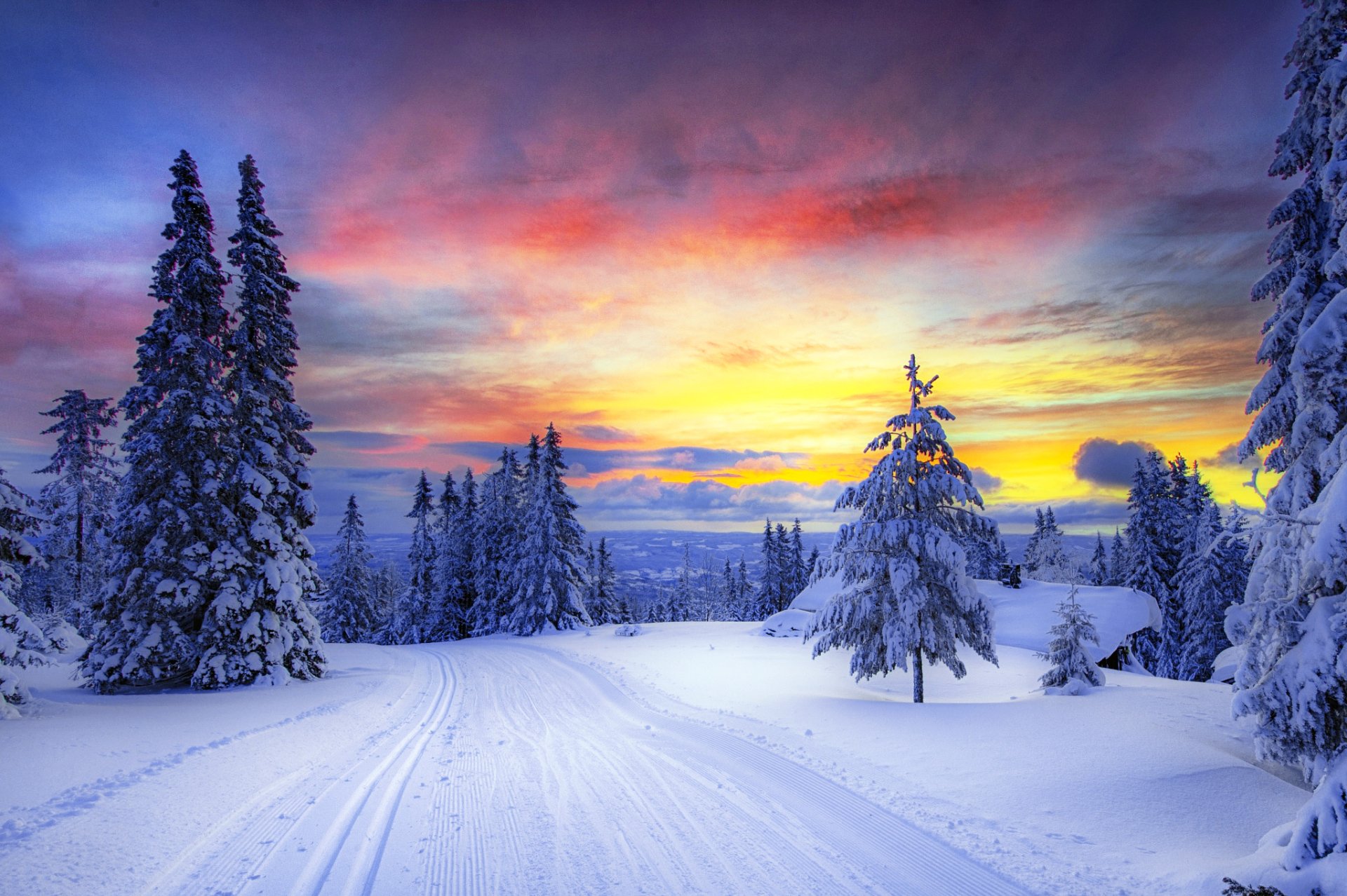 Winter Sunset Road HD Wallpaper