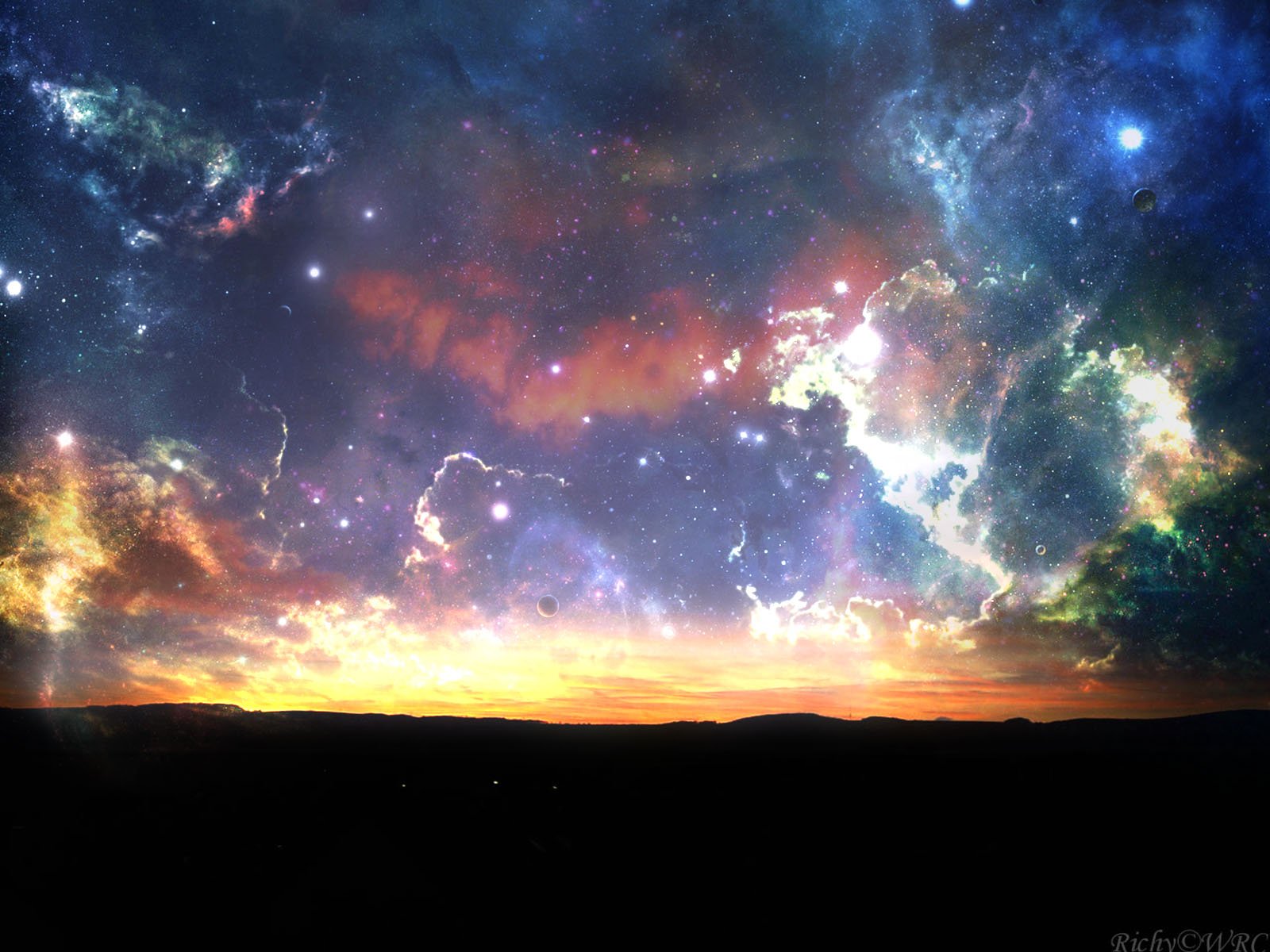 A stunning sci-fi landscape featuring a vibrant cosmic sky filled with stars and colorful nebulae, creating an immersive high-definition wallpaper for any desktop.