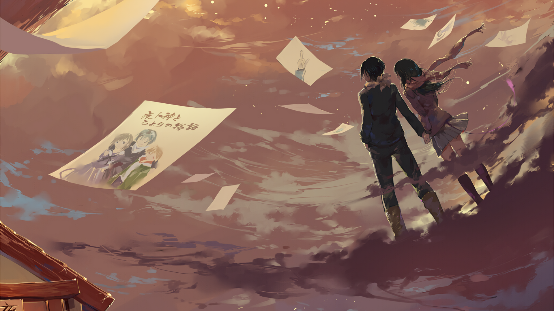 A stunning HD wallpaper featuring Yukine, Hiyori Iki, and Yato from Noragami, set against a vibrant backdrop with floating papers, capturing a moment of connection and adventure.