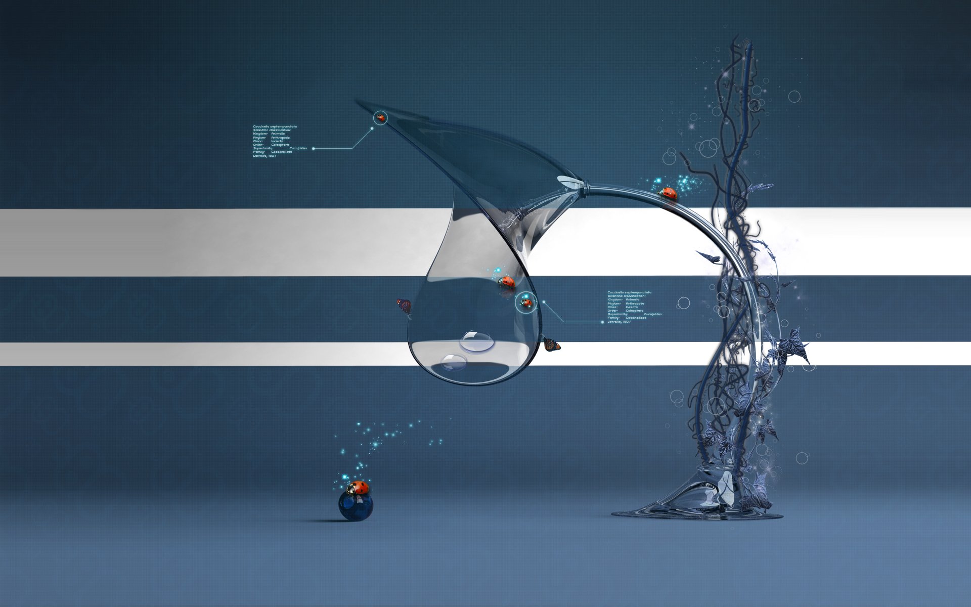 An artistic nature-inspired HD desktop wallpaper featuring a stylized water drop and sleek, abstract elements against a calming blue background.