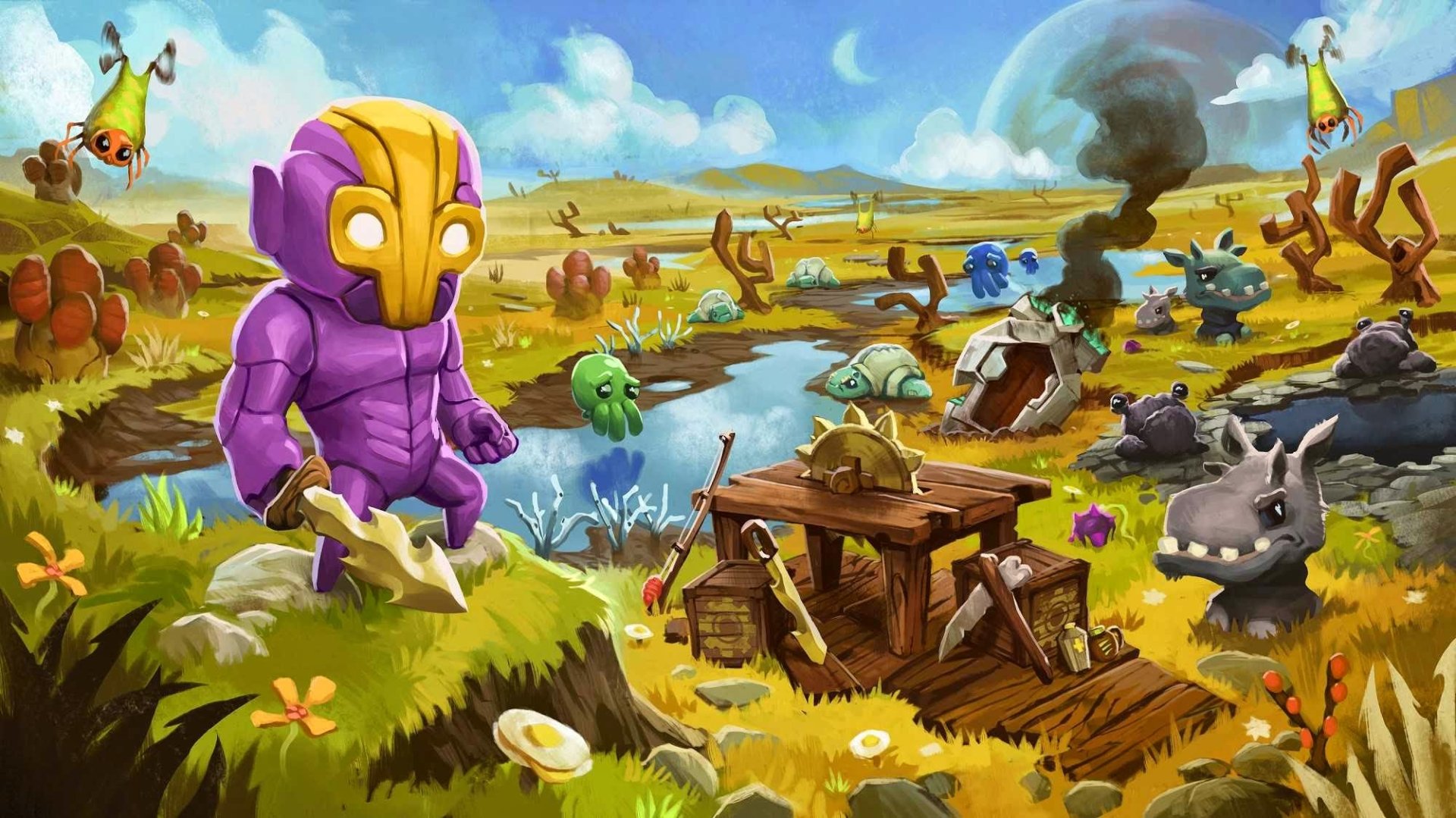 HD desktop wallpaper featuring a vibrant scene from the game Crashlands with a character and whimsical creatures on an alien planet.