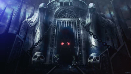A dark castle looms ominously, with a knight and eerie creatures amidst shadows. The scene is filled with skulls and glows from red eyes, creating a haunting, dramatic atmosphere.