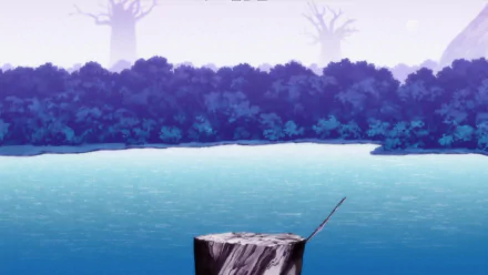 A serene landscape featuring a calm lake surrounded by trees, with a weathered log in the foreground. Inspired by anime aesthetics from Dragon Ball Super, this HD wallpaper enhances any desktop.