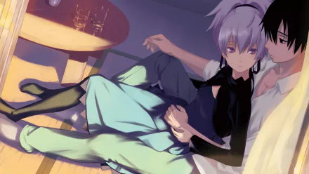 A cozy scene featuring Yin and Hei from Darker than Black. Yin has purple hair and a headband, while Hei has black hair. Pantyhose and a soft atmosphere enhance the anime aesthetic.