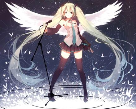 HD wallpaper featuring the Vocaloid character Hatsune Miku with green hair, blue eyes, twintails, wearing a shirt, tie, and skirt. She has wings and is surrounded by musical elements.