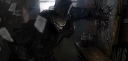 Dark, eerie HD PC wallpaper featuring Jack the Ripper from Assassin's Creed: Syndicate, with a shadowy figure in a top hat and cracked glass in the background.