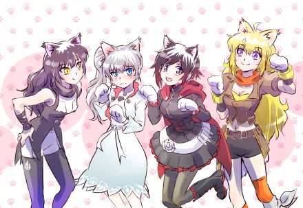 A vibrant HD desktop wallpaper featuring characters from RWBY, showcasing a playful group of four anime-style figures with distinct outfits and cat-like features against a colorful background.