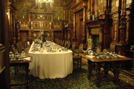 A richly decorated dining room at Peles Castle in Romania, featuring a long table set elegantly amidst intricate wooden paneling and ornate furnishings, reflecting medieval architecture.