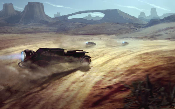 A Sci-Fi vehicle races through a vast desert landscape with rocky formations in the background, captured in HD for a dynamic PC desktop wallpaper.