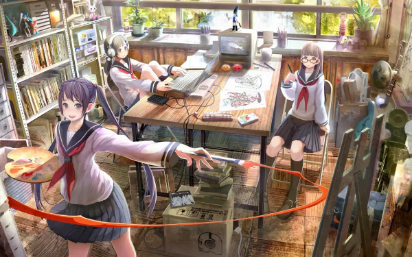 A vibrant anime scene featuring three characters: one with purple twintails and a school uniform, another with glasses and brown hair, all engaged in creative activities at a cluttered table.