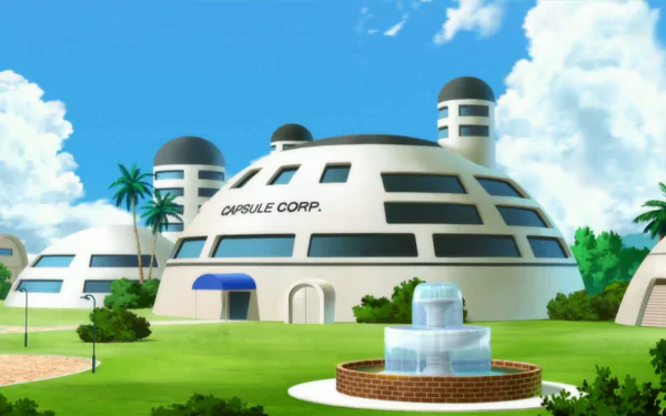 A vibrant HD wallpaper featuring the iconic Capsule Corp. buildings from Dragon Ball Z, set against a bright blue sky and lush greenery.