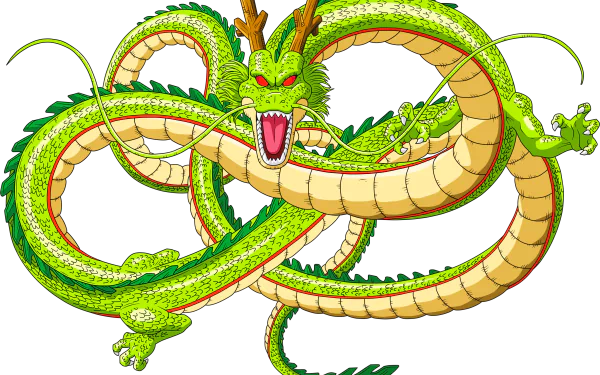 An HD desktop wallpaper featuring Shenron from Dragon Ball Z, showcasing the iconic green dragon with fierce red eyes and a powerful, twisting form.