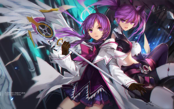 A vibrant HD wallpaper featuring Aisha from Elsword, showcasing her in thigh highs, a skirt, gloves, and wings, with long purple hair and striking purple eyes, wielding a staff.