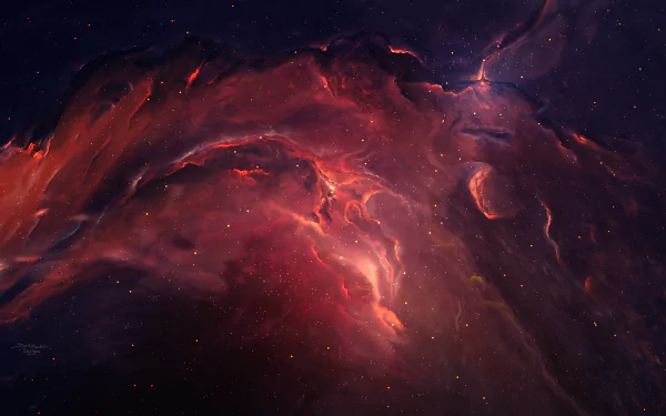 HD desktop wallpaper featuring a stunning sci-fi scene of a vivid nebula with swirling red and purple clouds against a dark starry space background.