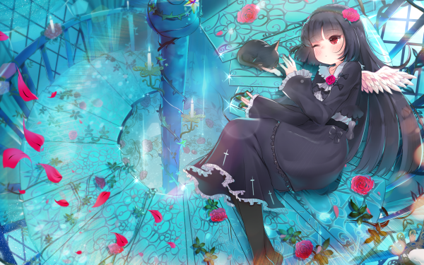 Anime Oreimo Ruri Gokō Black Hair Blush Rose Stairs Wings Cat Headband Gothic Red Eyes Black Dress Pantyhose HD Wallpaper | Background Image