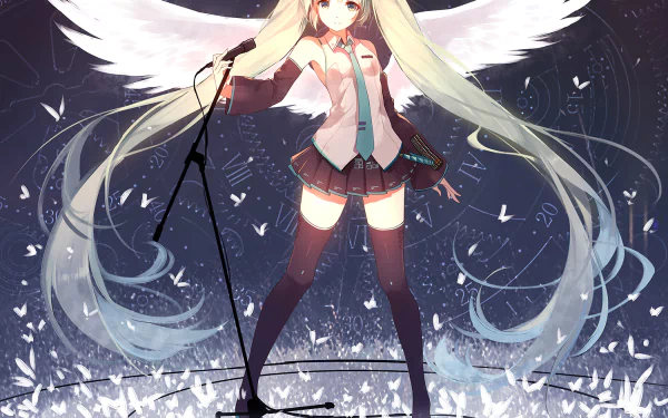 HD wallpaper featuring the Vocaloid character Hatsune Miku with green hair, blue eyes, twintails, wearing a shirt, tie, and skirt. She has wings and is surrounded by musical elements.