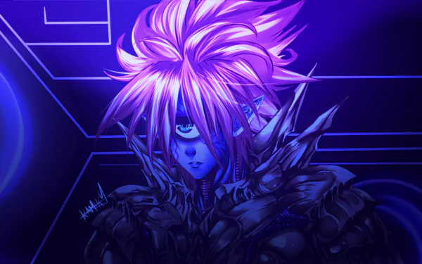 HD anime desktop wallpaper featuring Lord Boros from One-Punch Man with vibrant purple hues and intense, futuristic lighting.