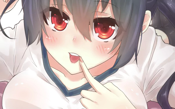 Anime character Yuuka Kamimura features red eyes and black hair, playfully blushing while wearing a school shirt. This HD image serves as a vibrant desktop wallpaper.