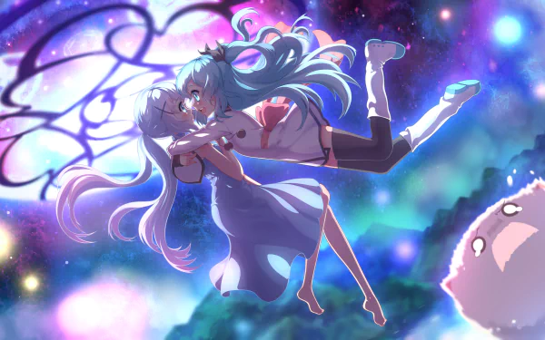 A magical night scene featuring characters Chino Kafū and Noel from Celestial Method and Is the Order a Rabbit, with twintails and striking hair colors set against a cosmic backdrop.