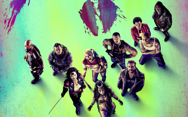 HD desktop wallpaper of characters from Suicide Squad, featuring a vibrant green background with pink splashes. Prominent character centers around a baseball bat. The ensemble cast stands in dynamic poses.